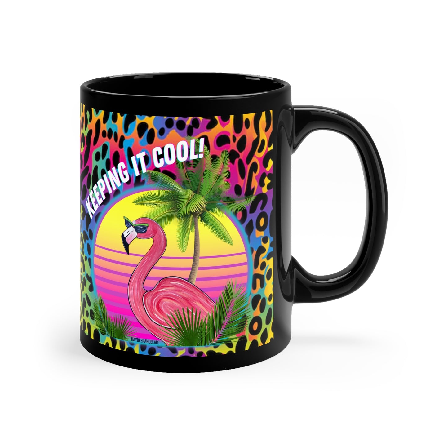 Keeping It Cool Flamingo Tropical Beach Sunset Rainbow Leopard Print 11oz Black Ceramic Mug