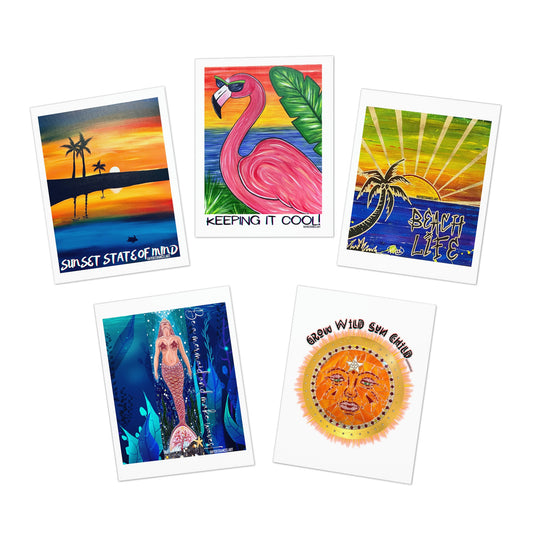 Sunset  Tropical Flamingo Beach Life Mermaid Sun Mosaic Multi-Design HaydeeRancelArt Greeting Note Cards (5-Pack)