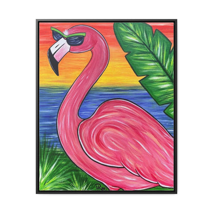 Cool Flamingo Beach Tropical Sunset Vertical Framed Gallery Wrapped Canvas Art Print