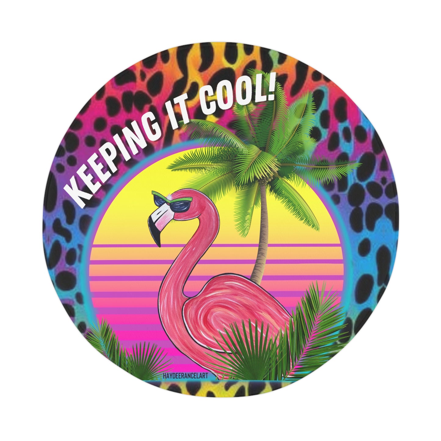 Keeping It Cool Flamingo Tropical Beach Sunset Rainbow Leopard Print Round Polyester Bath Mat