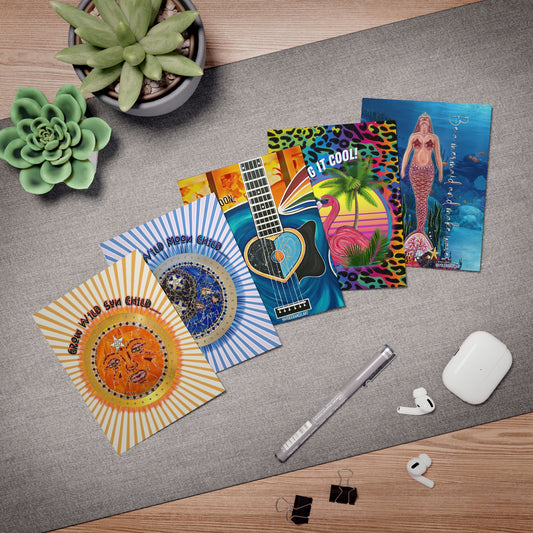 Sun Moon Guitar Flamingo Mermaid Multi-Design HaydeeRancelArt Greeting Note Cards (5-Pack)