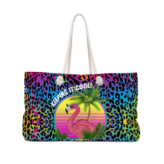 Keeping Cool Flamingo Beach Sunset Art Rainbow Leopard Print Weekender Tote Bag
