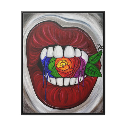 Sucker For Love Rainbow Rose Vampire Lips Vertical Framed Gallery Wrapped Canvas Art Print