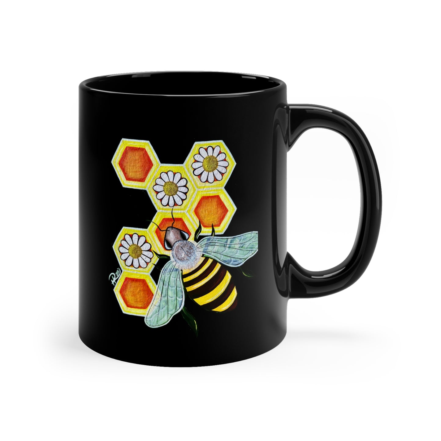Bee Honeycomb And Daisies 11oz Black Ceramic Mug