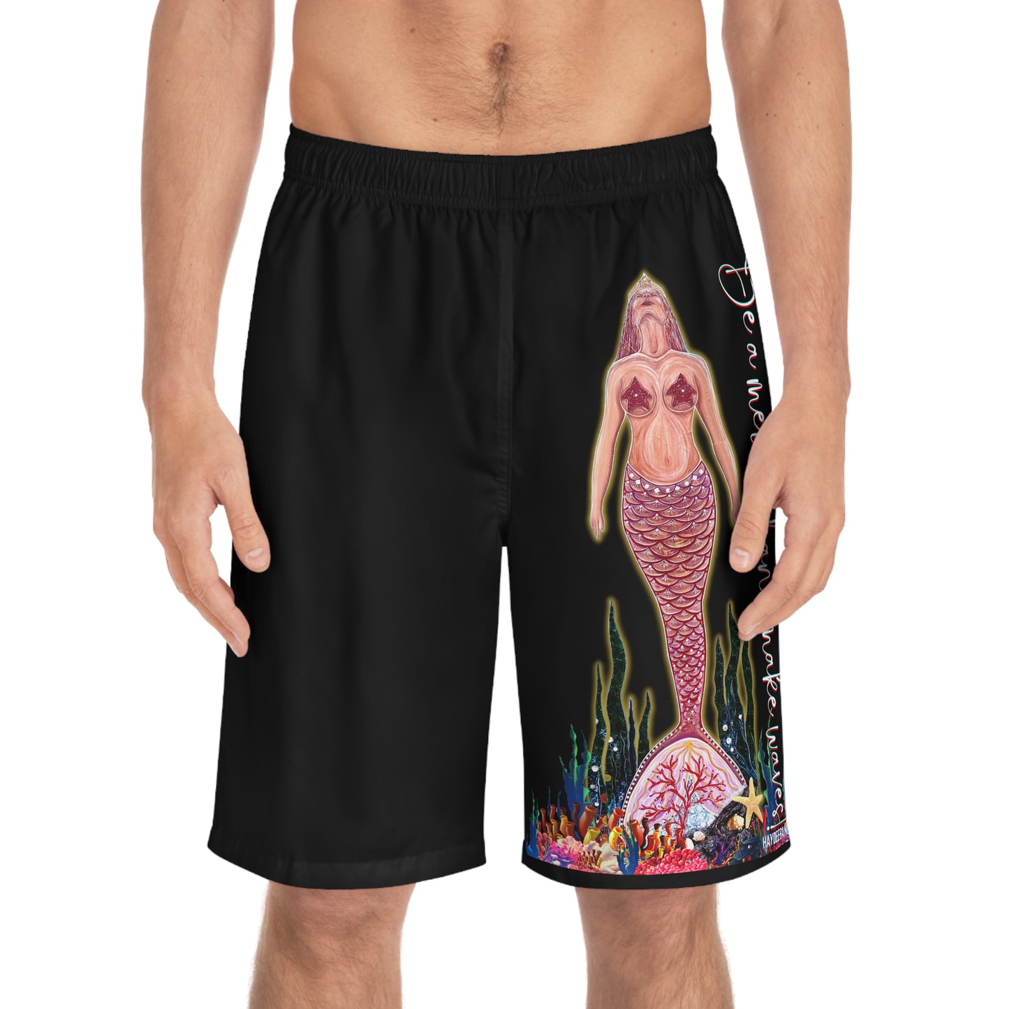 Be A Mermaid And Make Waves Beach Ocean Reef Black Unisex Swim Board Shorts (AOP)