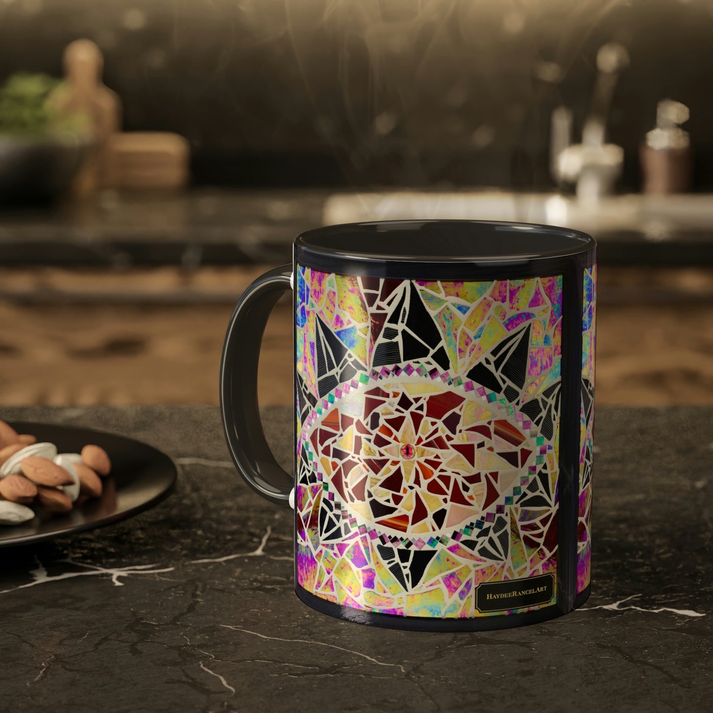 Red Glass Mosaic Dragon Eye Art Ceramic Coffee Tea Colorful Mugs, 11oz