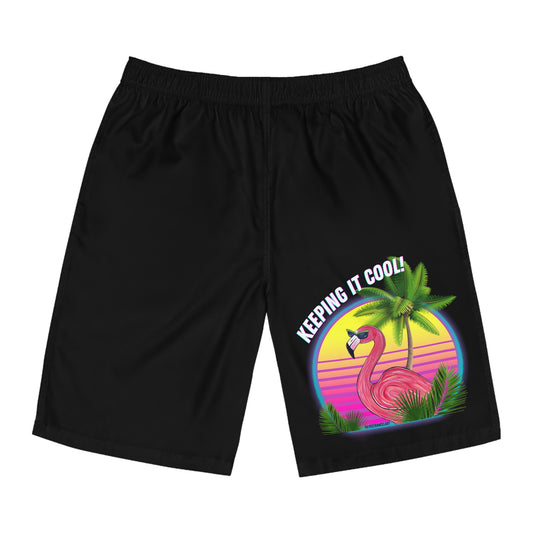 Keeping It Cool Flamingo Tropical Sunset Beach Black Unisex Swim Board Shorts (AOP)
