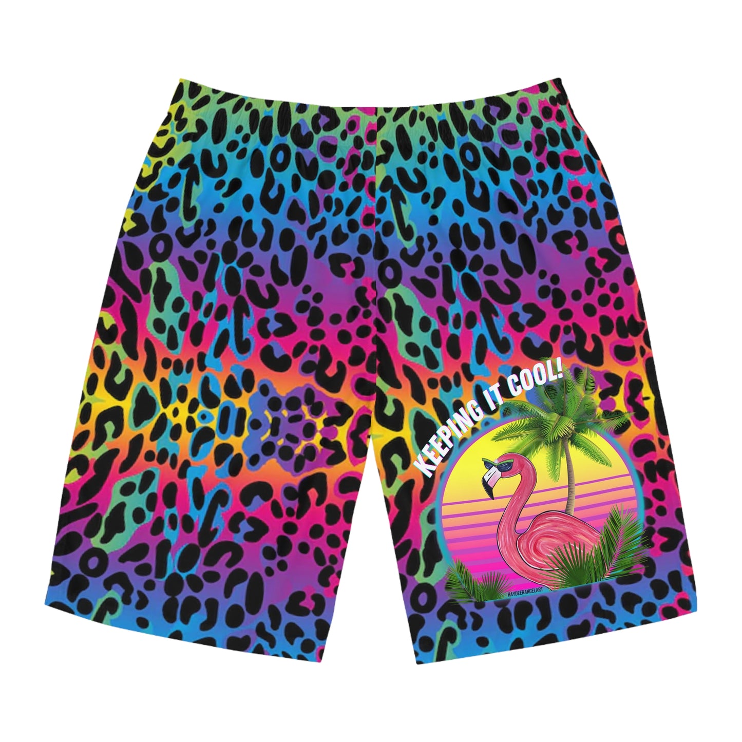 Keeping It Cool Flamingo Tropical Sunset Beach Rainbow Leopard Print Unisex Swim Board Shorts (AOP)