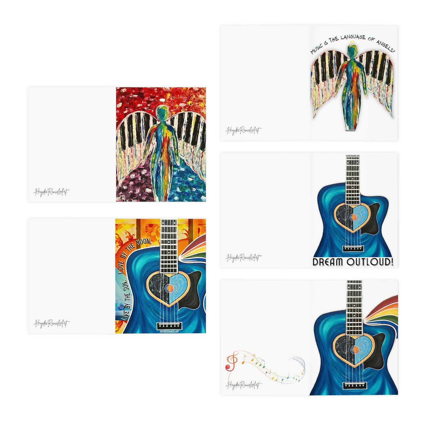 Music Angel Piano Wings Rainbow Sun And Moon Guitar Multi-Design HaydeeRancelArt Greeting Note Cards (5-Pack)