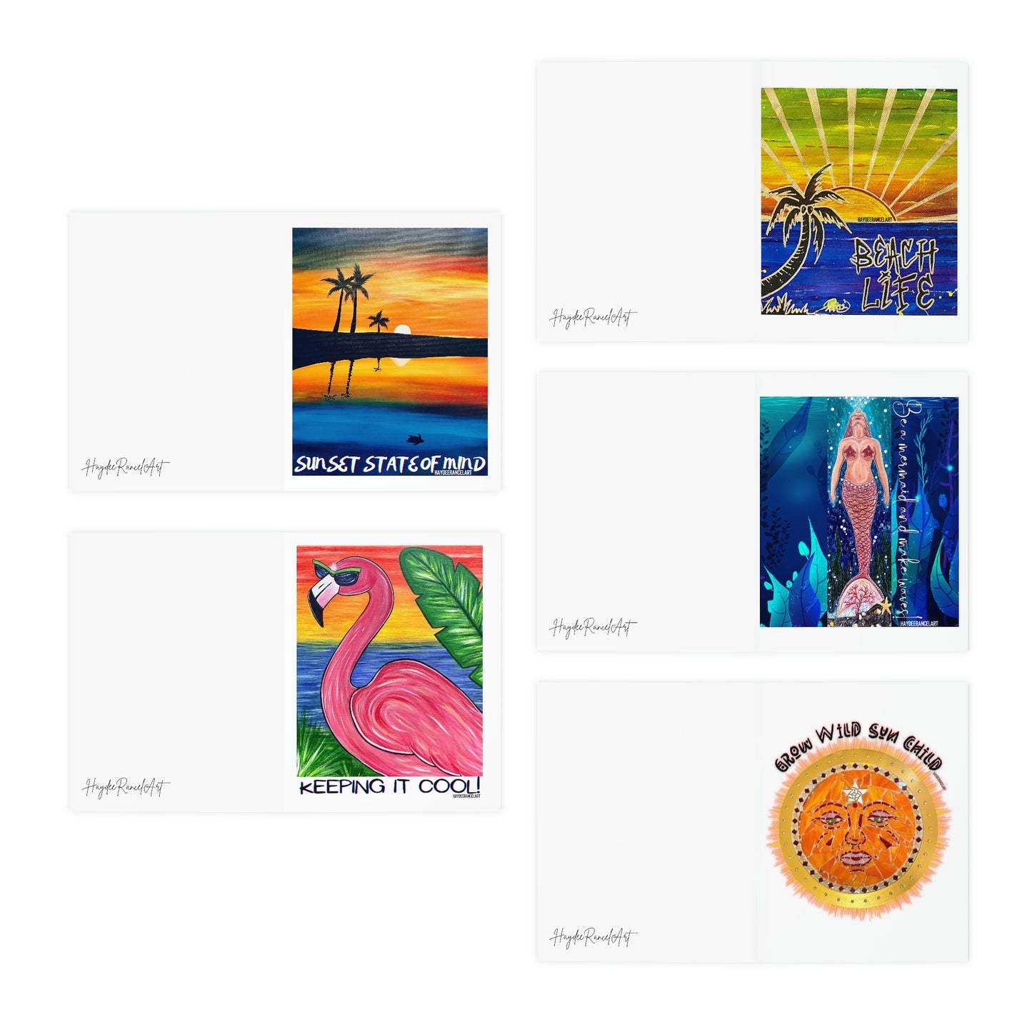 Sunset  Tropical Flamingo Beach Life Mermaid Sun Mosaic Multi-Design HaydeeRancelArt Greeting Note Cards (5-Pack)