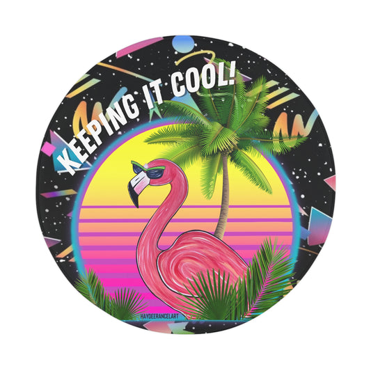 Keeping It Cool Flamingo Tropical Beach Sunset Retro 80's Neon Print Round Polyester Bath Mat