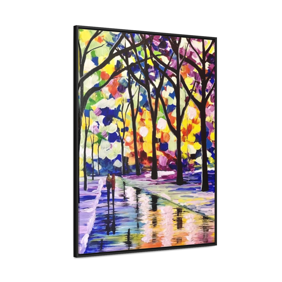 Colorful Night In Central Park Couple Love Vertical Framed Gallery Wrapped Canvas Art Print