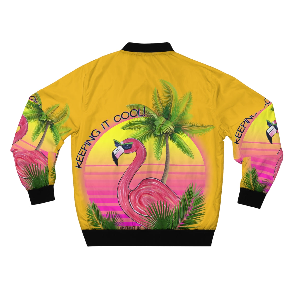 Keeping It Cool Flamingo Beach Sunset Unisex Men's Women's Black Yellow AOP Bomber Jacket