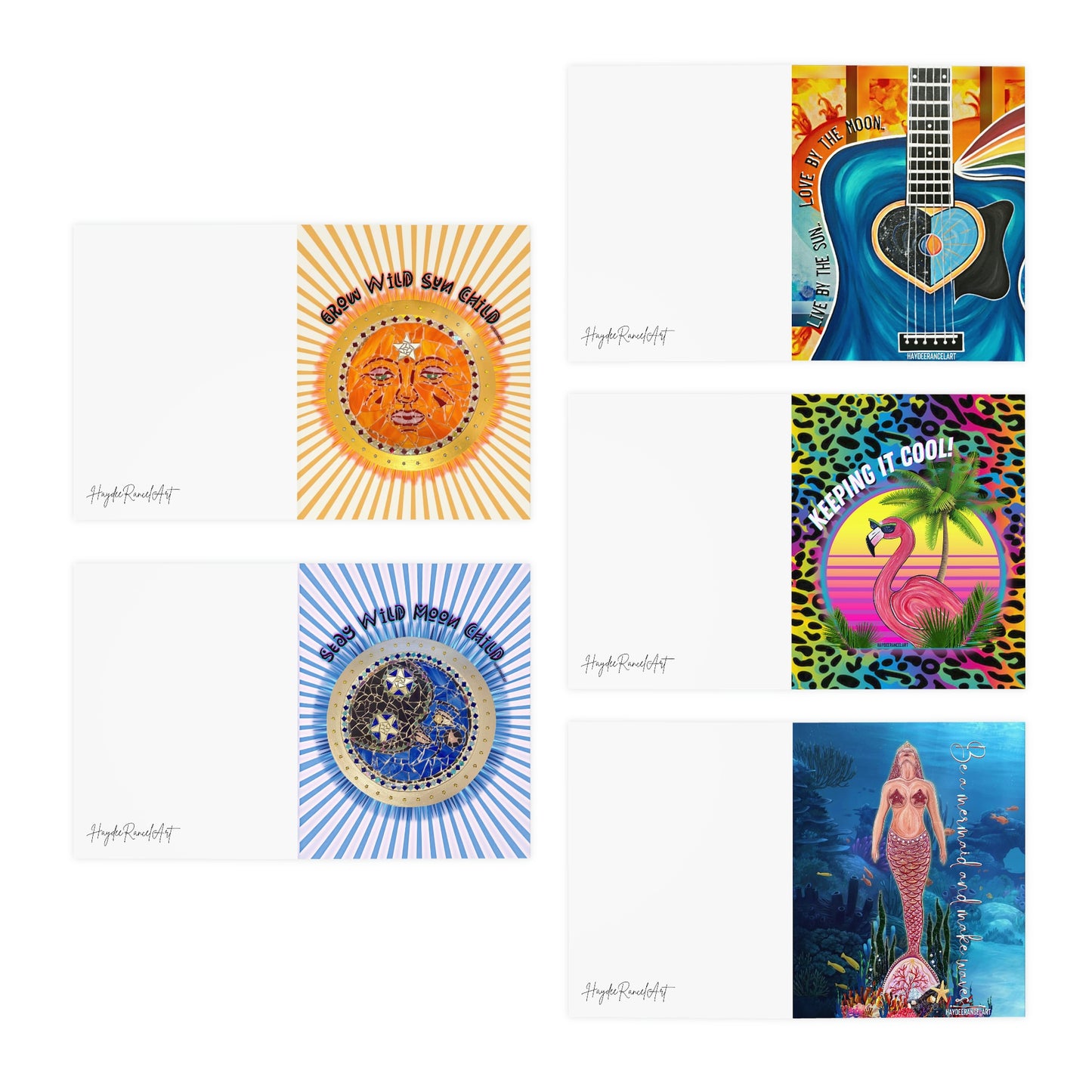 Sun Moon Guitar Flamingo Mermaid Multi-Design HaydeeRancelArt Greeting Note Cards (5-Pack)