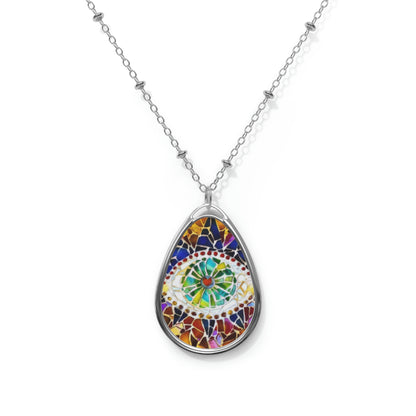 DragonHeart Rainbow Glass Mosaic Green Dragon Eye Heart Art Oval Necklace Teardrop Pendant Jewelry