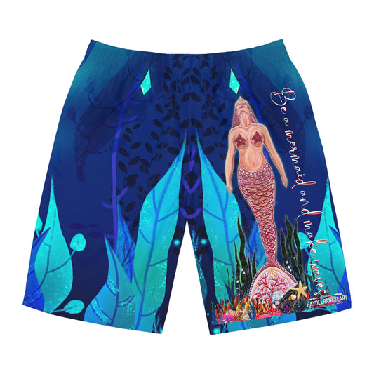 Be A Mermaid And Make Waves Beach Ocean Reef Blue Unisex Swim Board Shorts (AOP)
