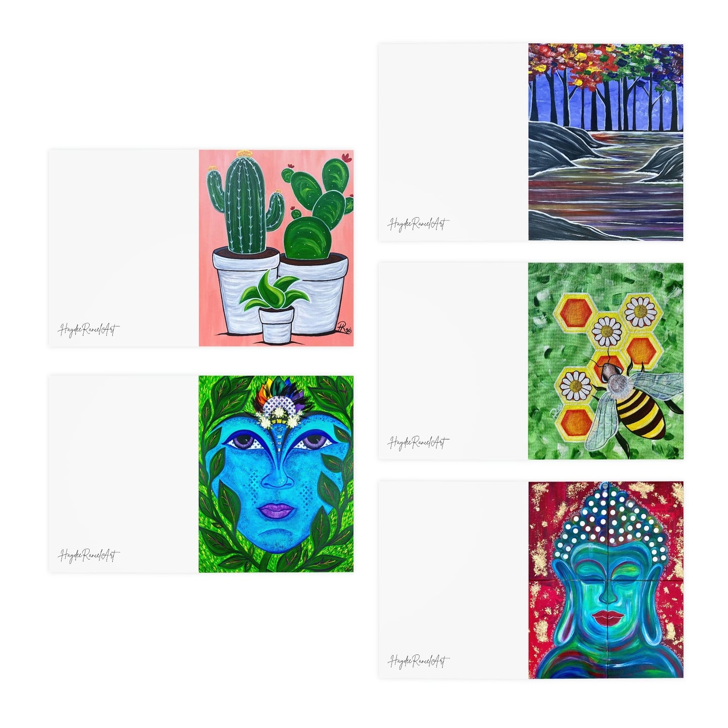 Cactus Nature Goddess Rainbow Forrest Bees And Daisies Buddha Peace Multi-Design HaydeeRancelArt Greeting Note Cards (5-Pack)