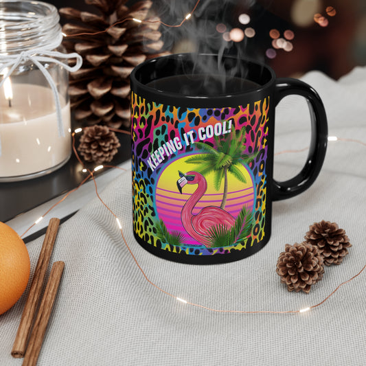 Keeping It Cool Flamingo Tropical Beach Sunset Rainbow Leopard Print 11oz Black Ceramic Mug