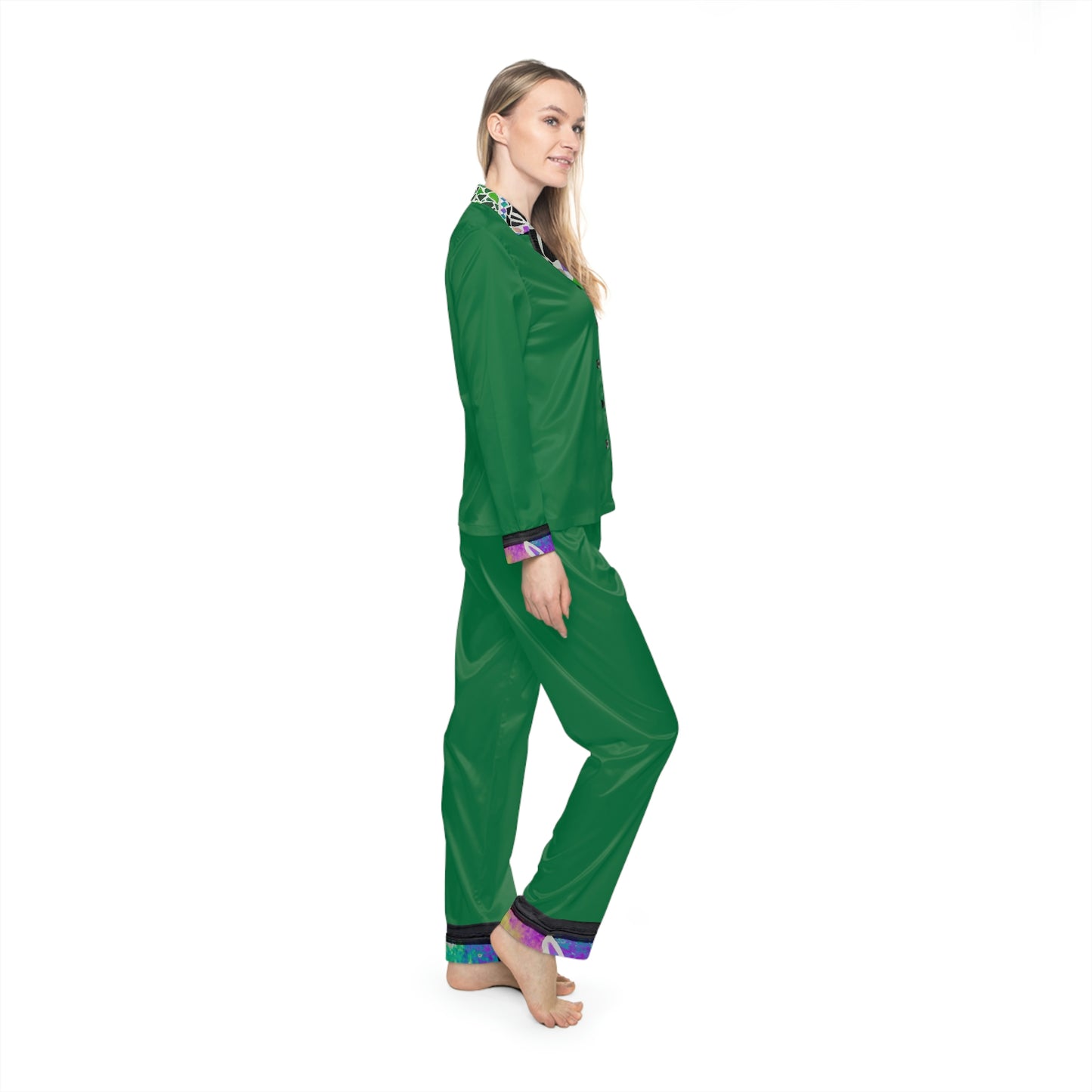 Green Glass Mosaic Dragon Eye Wearable Art All Over Print Unisex Green Satin Pajamas AOP