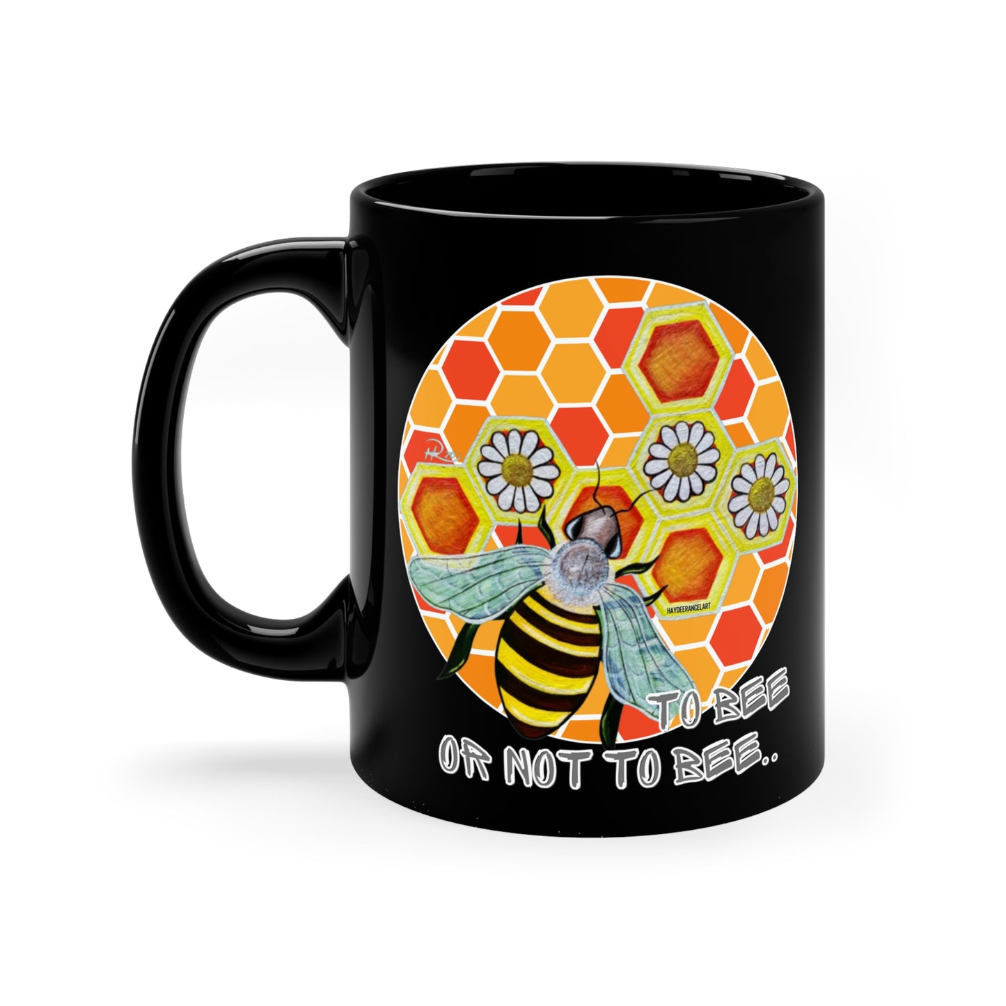 To Bee or Not To Bee Honeycomb And Daisies 11oz Black Ceramic Mug