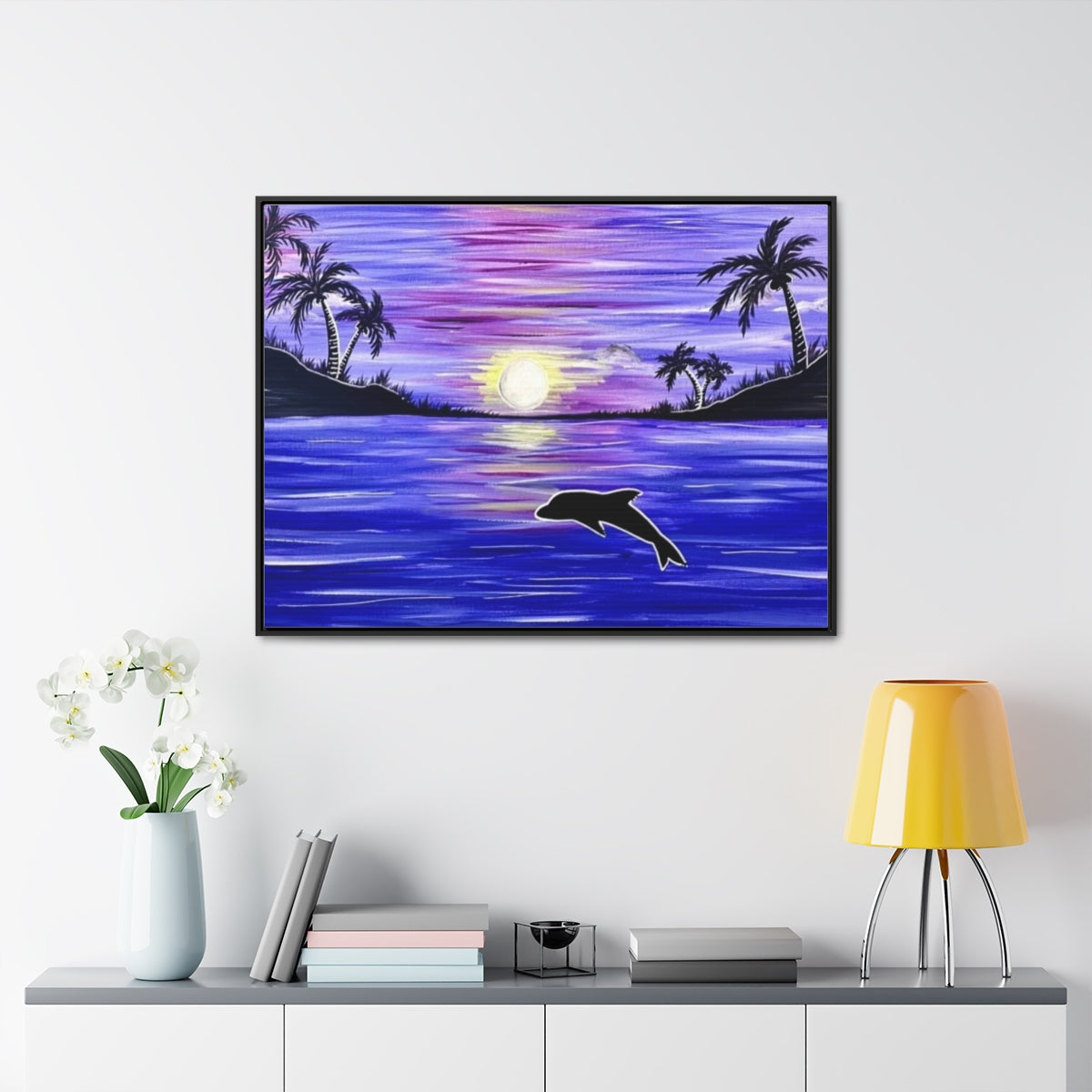 Dolphin Purple Ocean Moon Horizontal Framed Gallery Wrapped Canvas Art Print