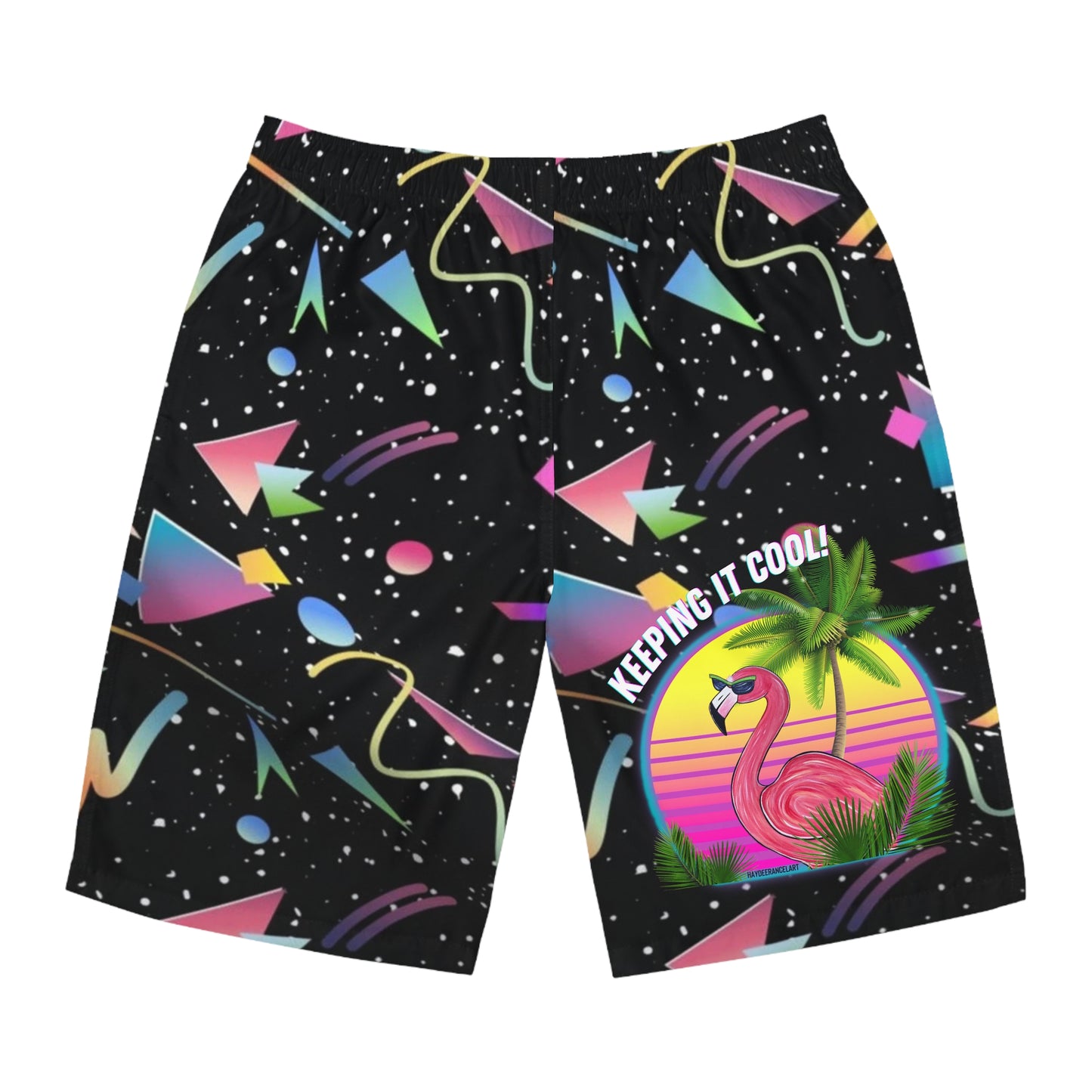 Keeping It Cool Flamingo Tropical Sunset Beach Retro 80's Neon Print Unisex Swim Board Shorts (AOP)