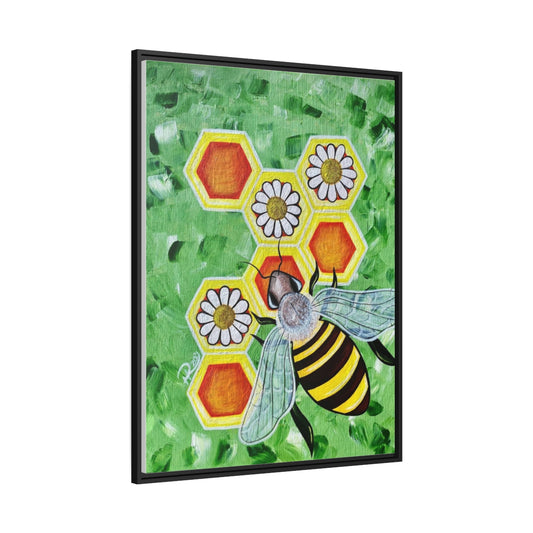 Bee And Daisies Nature Art Vertical Black Framed Gallery Wrapped Matte Canvas Print