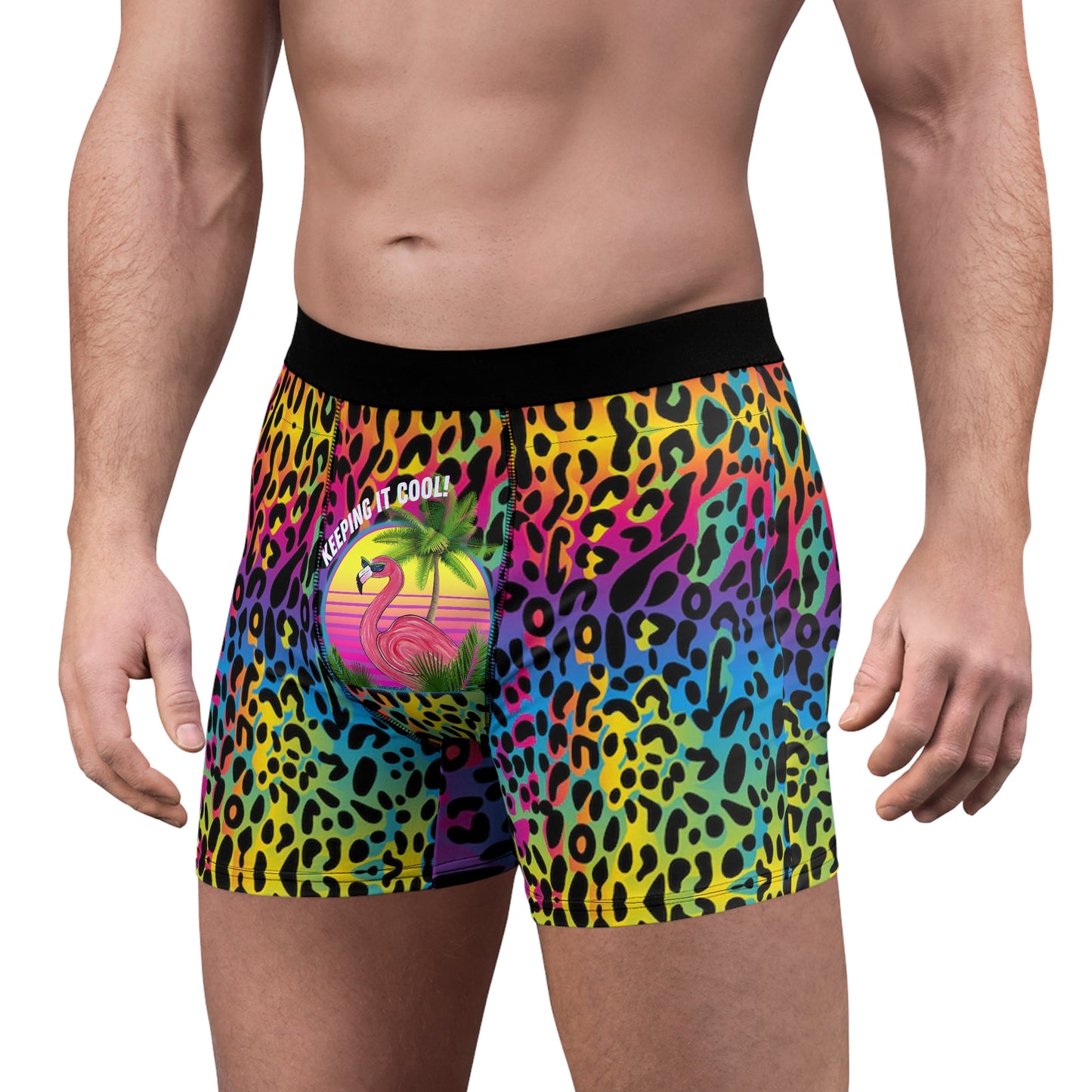 Keeping It Cool Flamingo Beach Sunset Black Rainbow Leopard Print Men's Boxer Briefs AOP