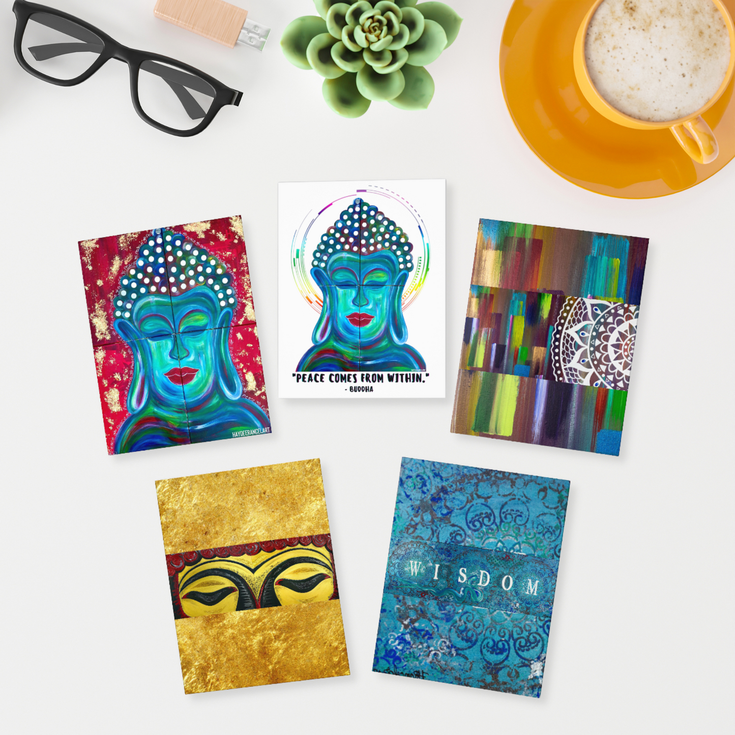 Buddha Peace Eyes Flower Mandala Wisdom Meditation Art Series Multi-Design HaydeeRancelArt Greeting Note Cards (5-Pack)