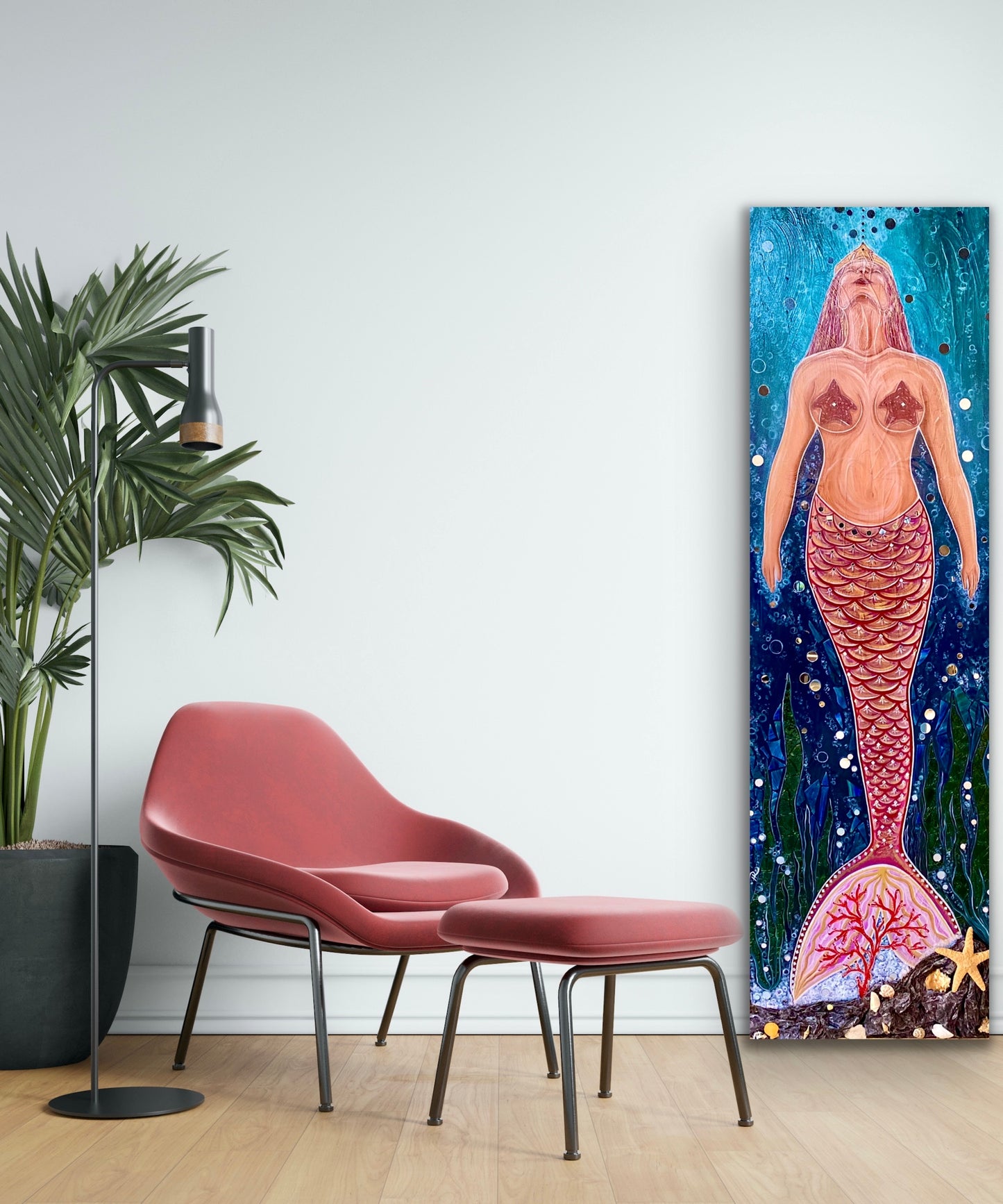 Mermaid Underwater Ocean Seashells Reef Mirror Glass Mosaic Custom Framed Artwork Mixed Media Original Acrylic Painting