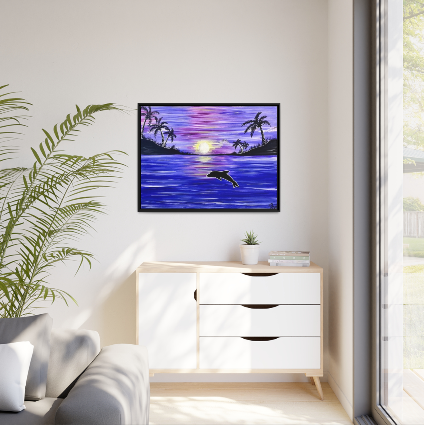 Dolphin Purple Ocean Moon Horizontal Framed Gallery Wrapped Canvas Art Print