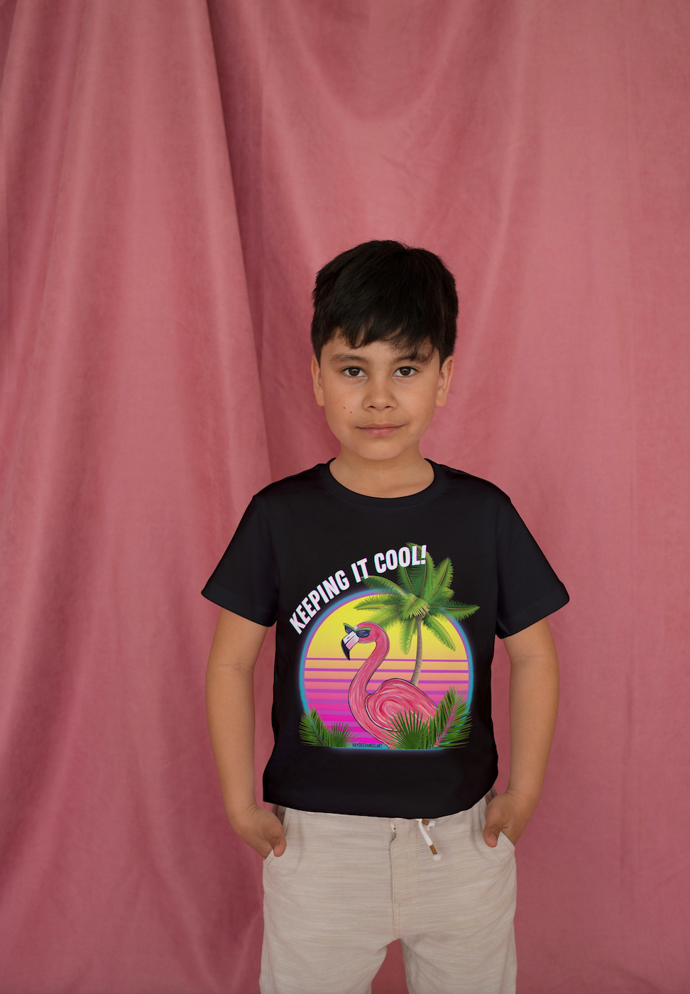 Keeping It Cool Flamingo Beach Sunset Unisex Kids Youth Short Sleeve Unisex Black T-shirt