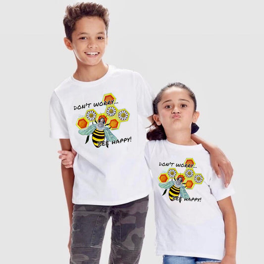 Don't Worry Bee Happy Honeycomb Daisy Flowers Kids Youth Short Sleeve Unisex White T-shirt