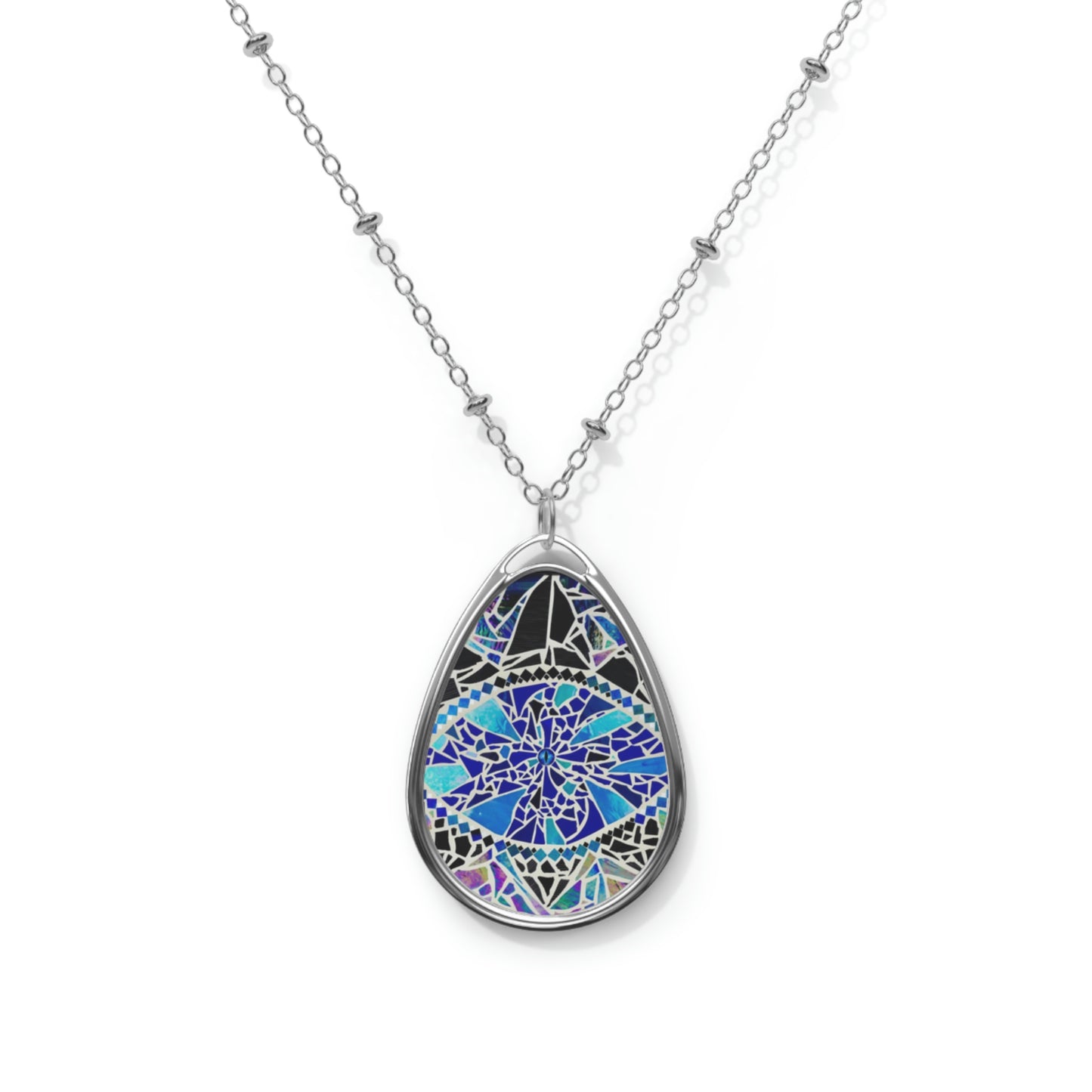 Blue Glass Mosaic Dragon Eye Art Oval Necklace Teardrop Pendant Jewelry