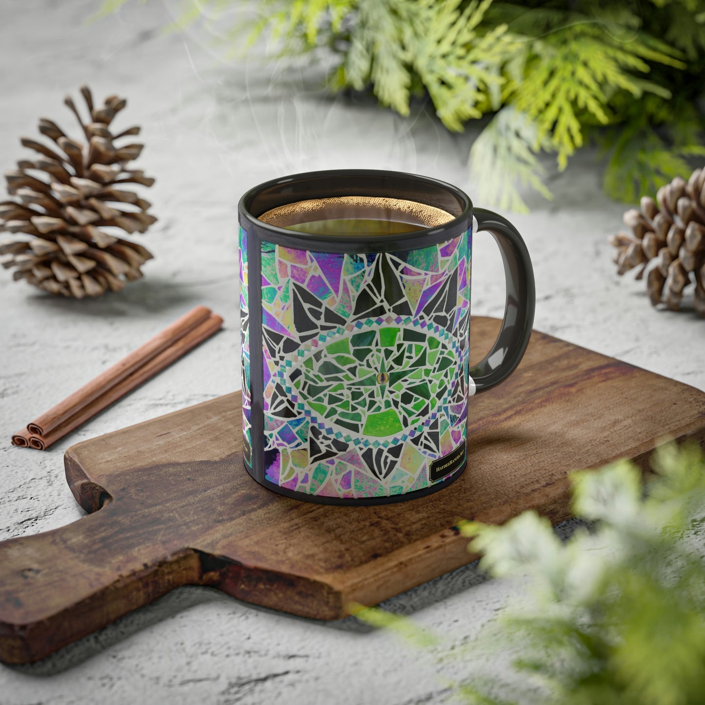 Green Glass Mosaic Dragon Eye Art Ceramic Coffee Tea Colorful Mugs, 11oz