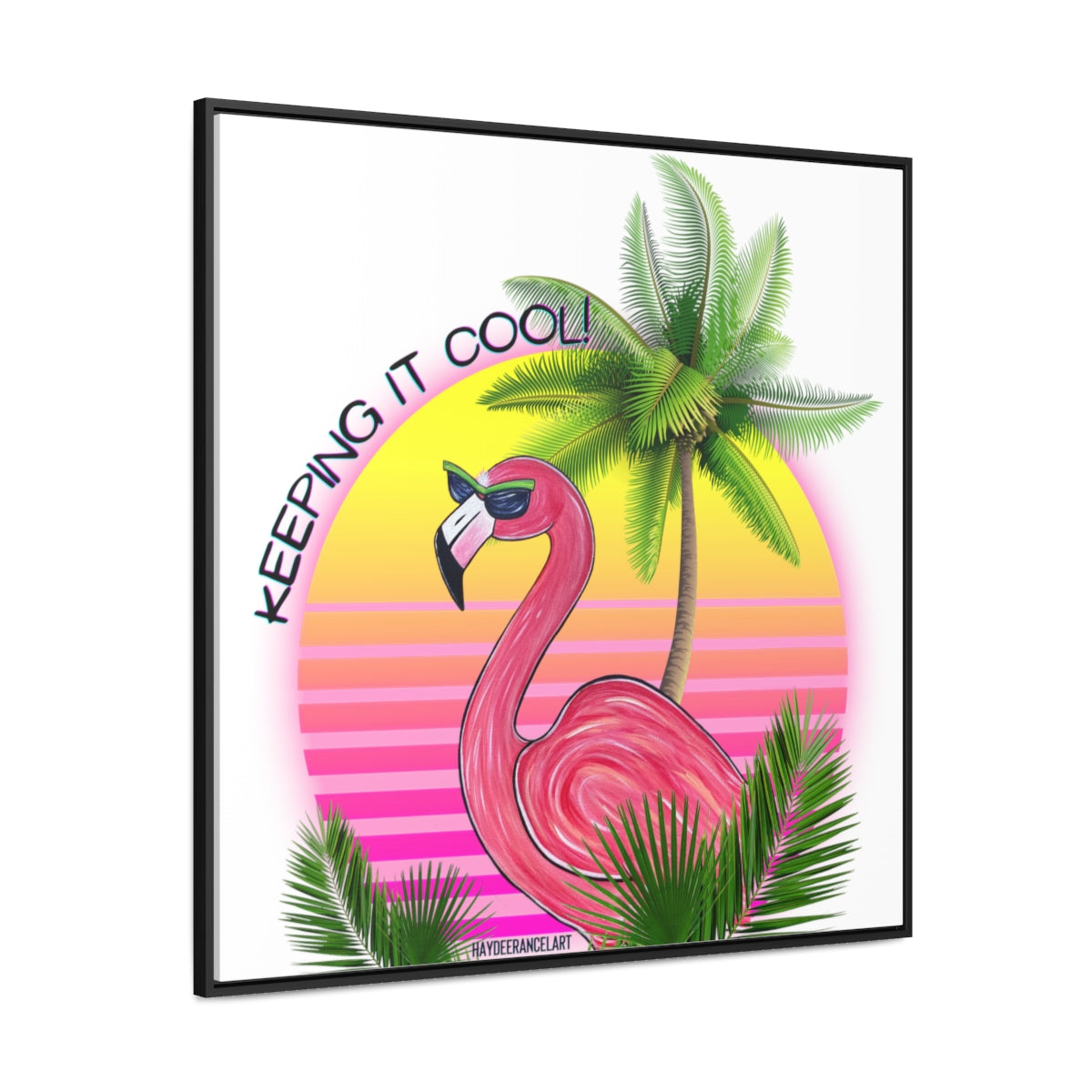 Keeping It Cool Flamingo Beach Sunset Square Framed Gallery Wrapped Canvas Print