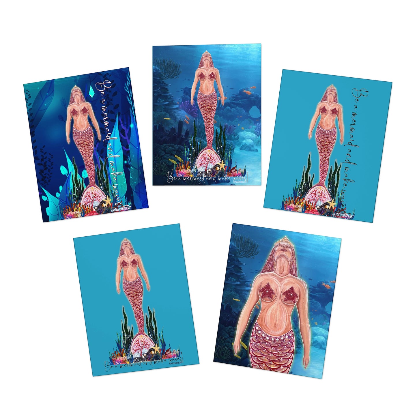 Be A Mermaid And Make Waves Underwater Ocean Series Multi-Design HaydeeRancelArt Turquoise Blue Greeting Note Cards (5-Pack)