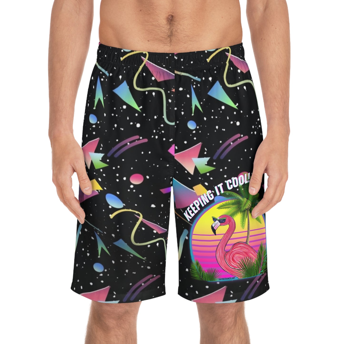 Keeping It Cool Flamingo Tropical Sunset Beach Retro 80's Neon Print Unisex Swim Board Shorts (AOP)