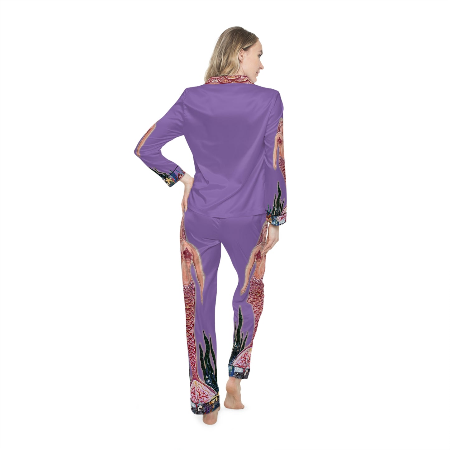 Mermaid Underwater Ocean Unisex Lavender Purple Satin Pajamas AOP