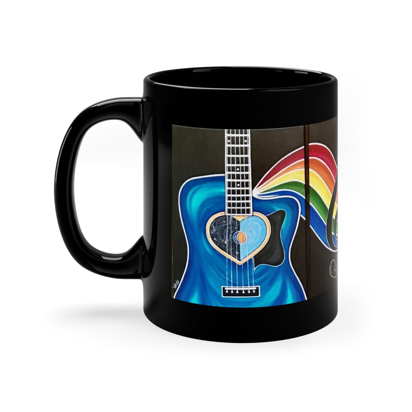 Live By The Sun Love By The Moon Guitar Rainbow 11oz Black Ceramic Mug