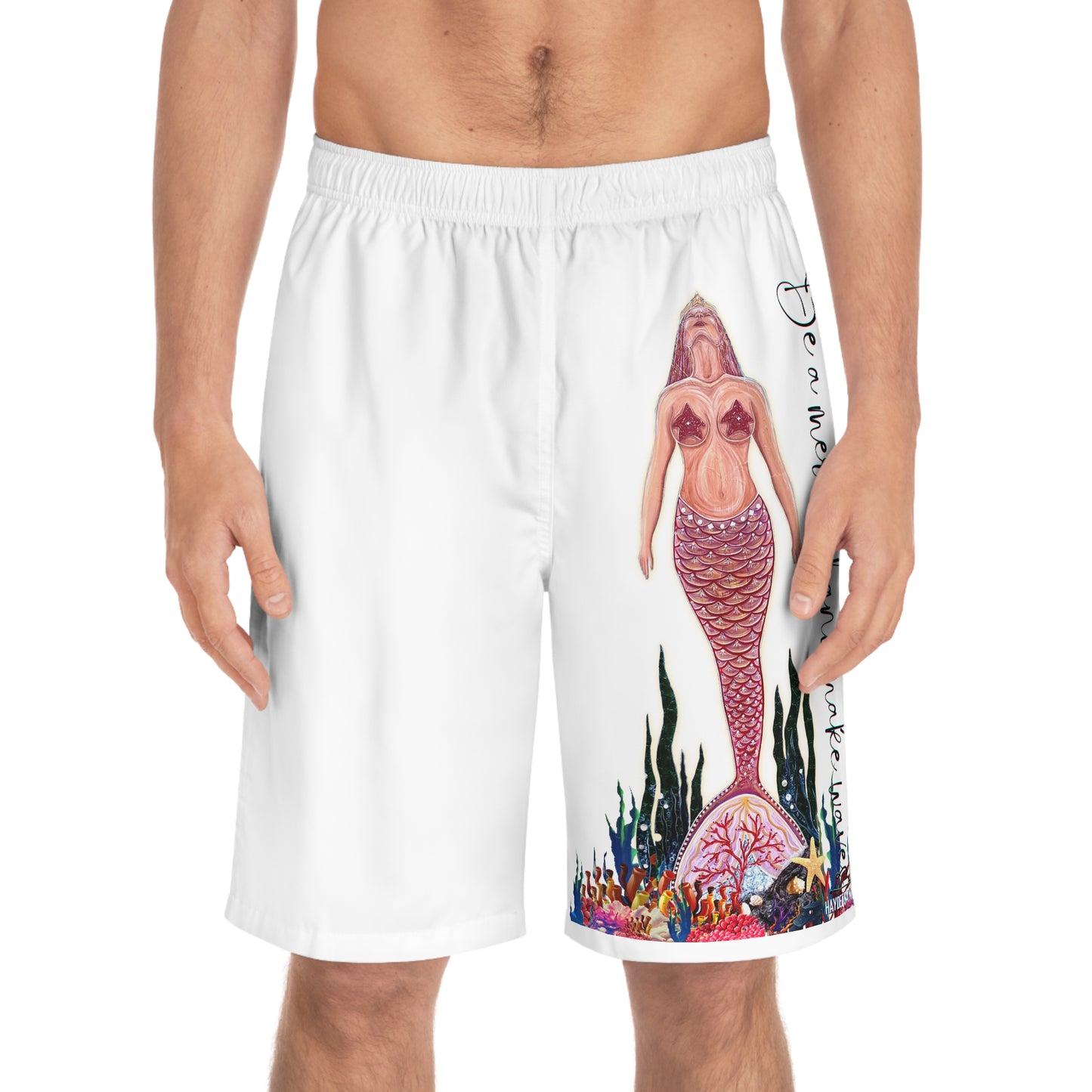 Be A Mermaid And Make Waves Beach Ocean Reef White Unisex Swim Board Shorts (AOP)