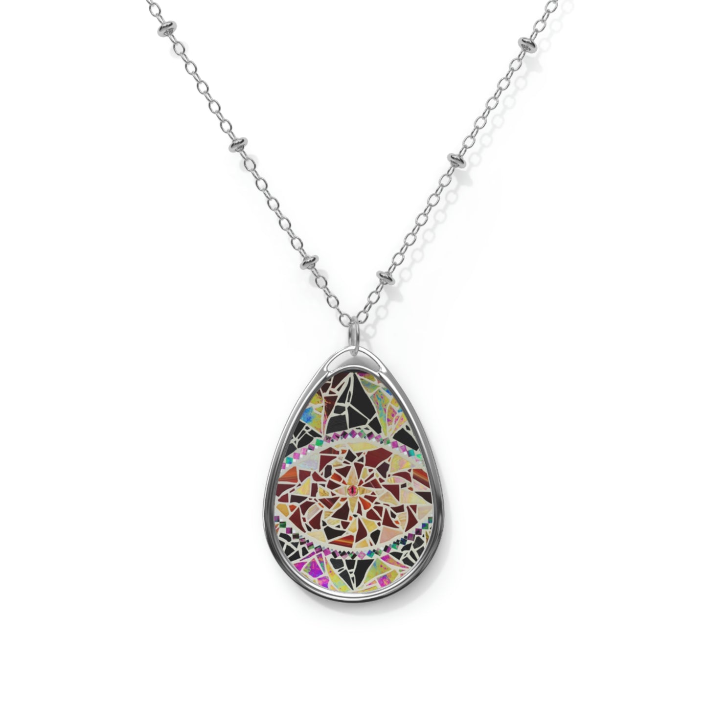 Glass Mosaic Red Dragon Eye Art Oval Necklace Teardrop Pendant Jewelry