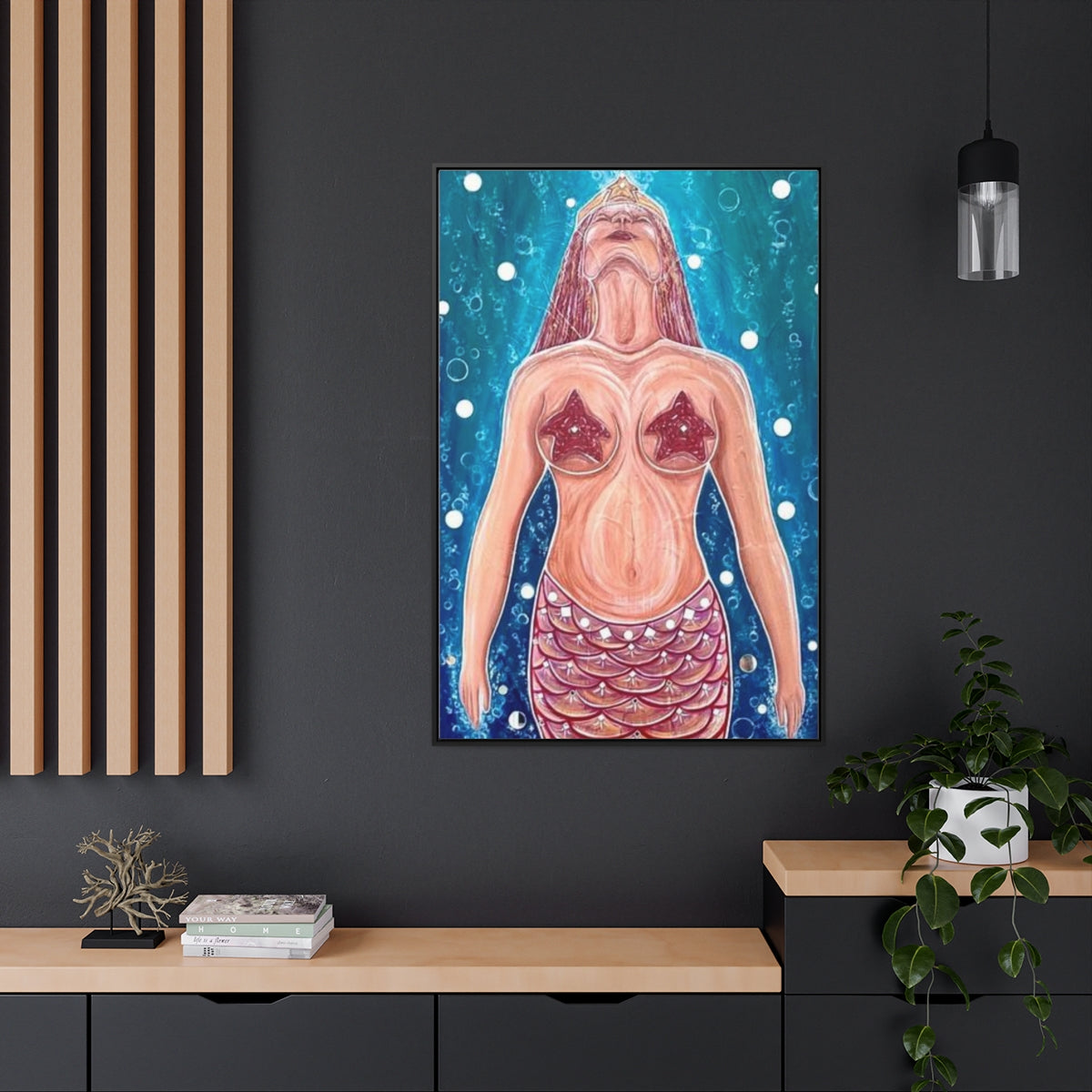 Mermaid Ocean Art Vertical Framed Gallery Wrapped Canvas Print