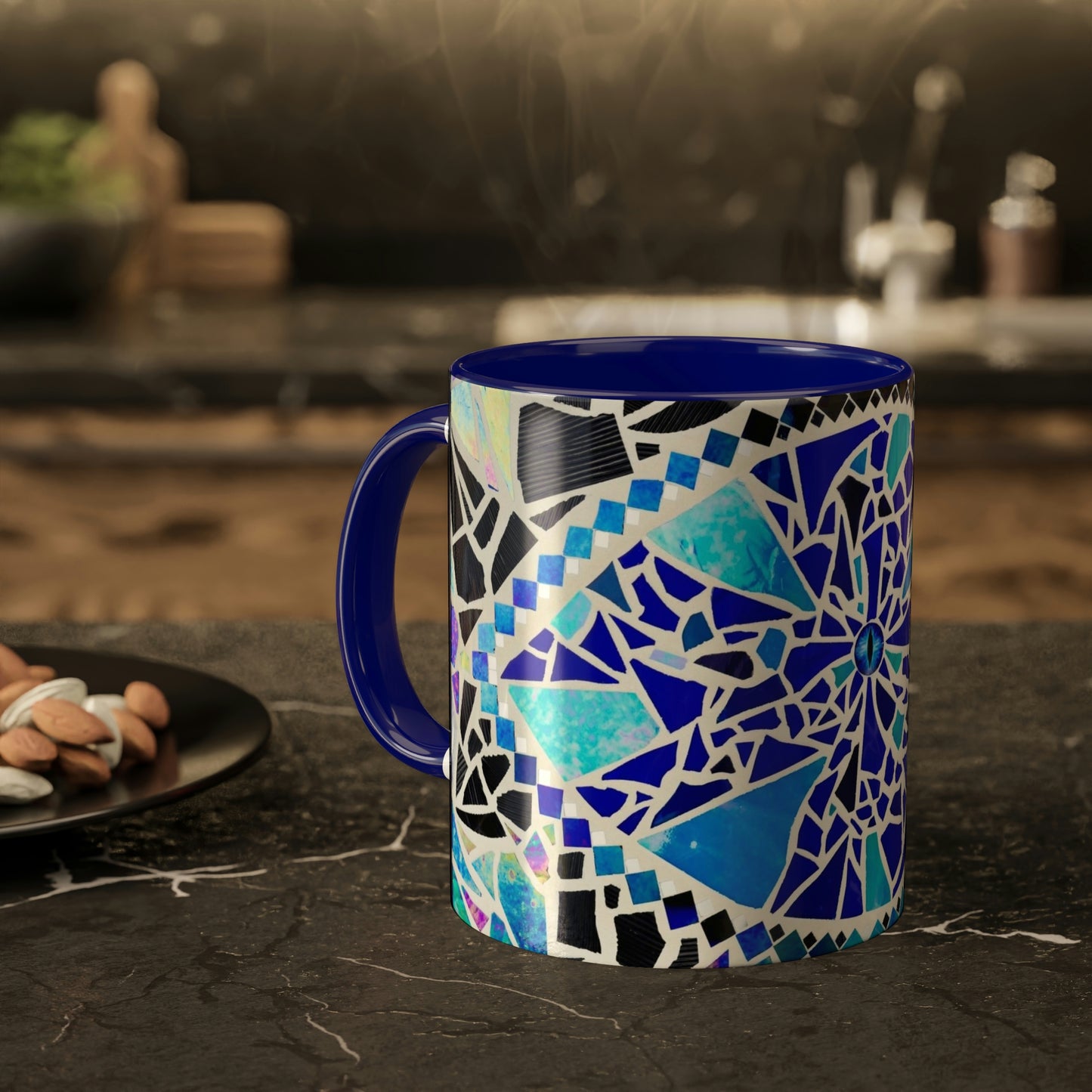 Blue Glass Mosaic Dragon Eye Art Ceramic Coffee Tea Colorful Mugs, 11oz