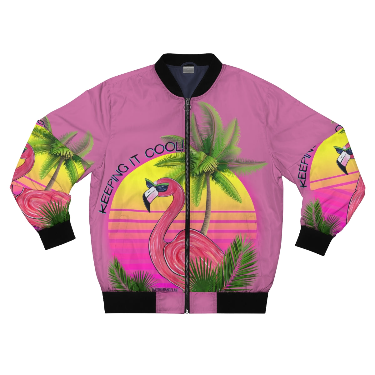 Keeping It Cool Flamingo Beach Sunset Unisex Men's Women's Black Pink AOP Bomber Jacket