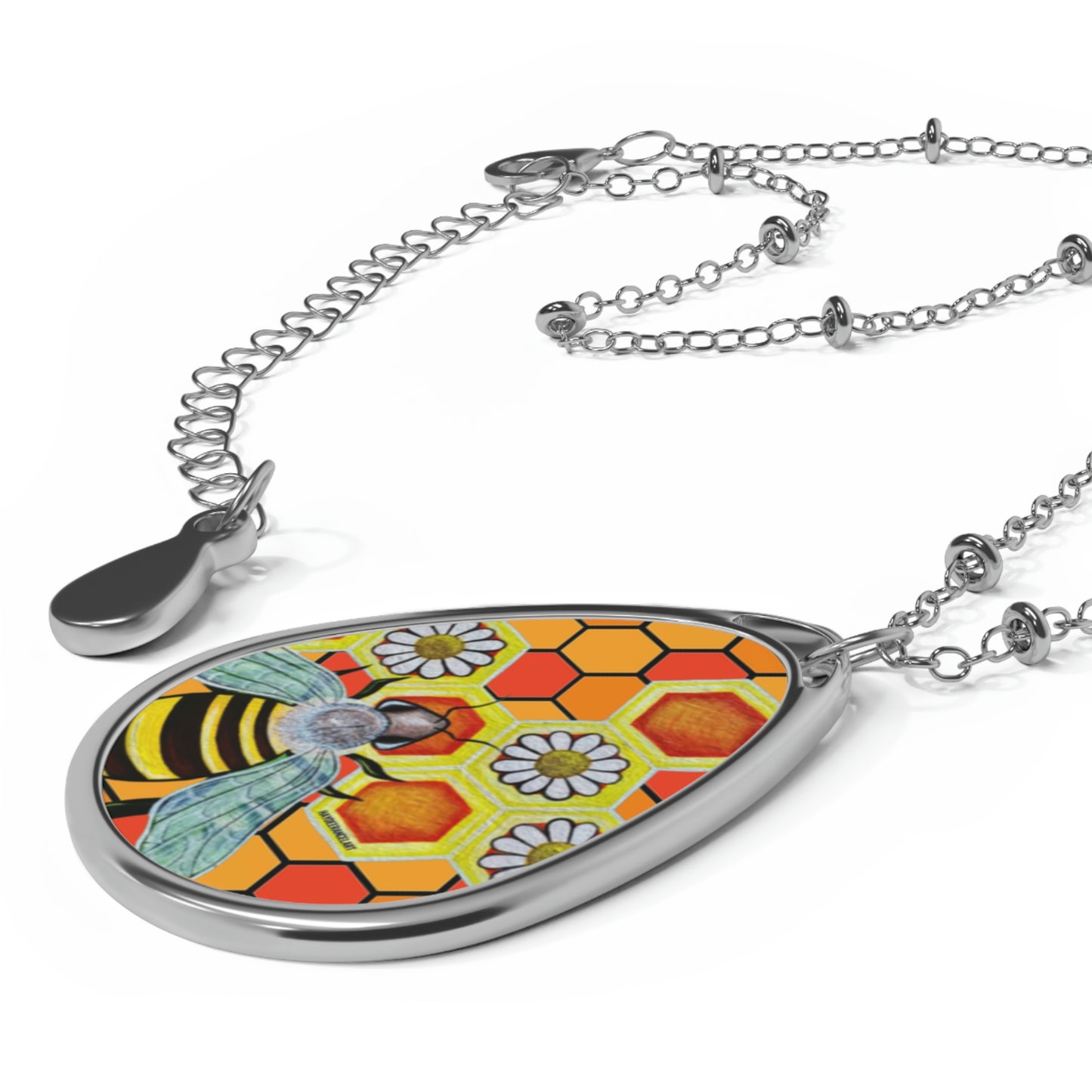Bees And Daisies Flowers Honeycomb Art Oval Necklace Teardrop Pendant Jewelry
