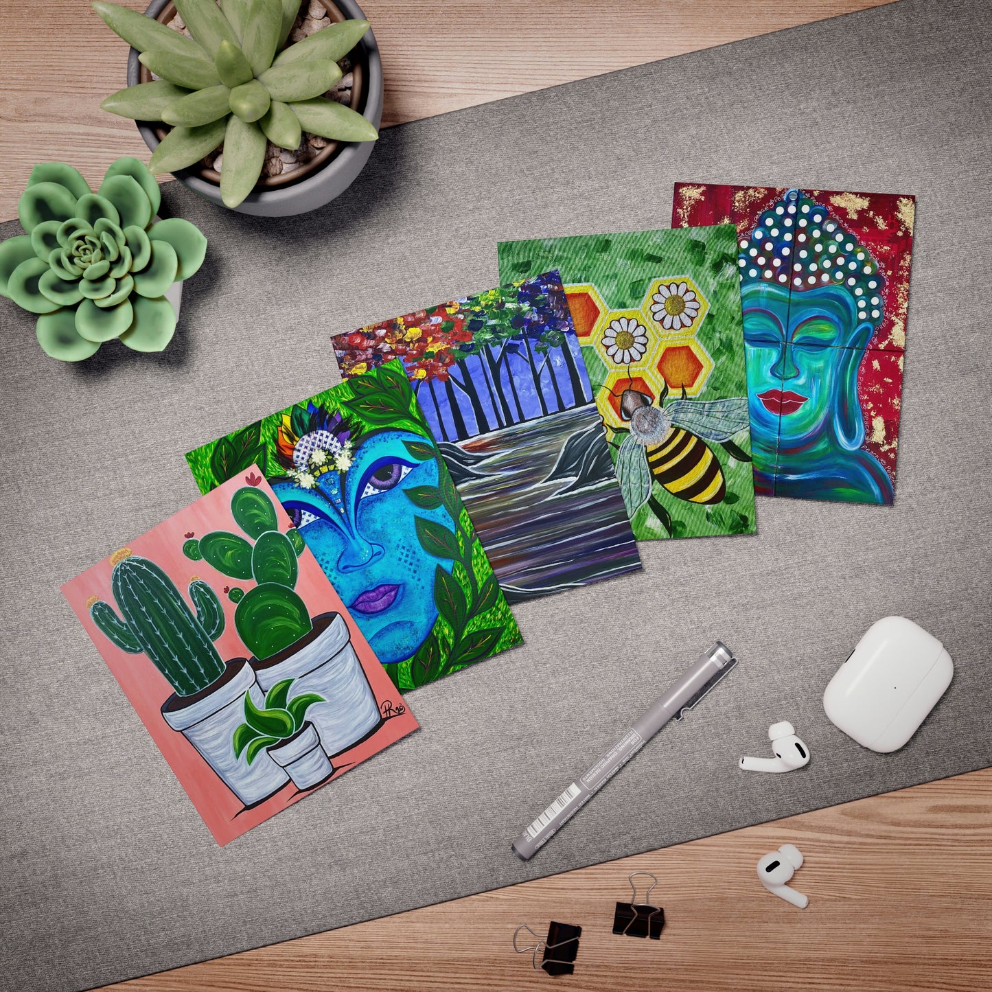 Cactus Nature Goddess Rainbow Forrest Bees And Daisies Buddha Peace Multi-Design HaydeeRancelArt Greeting Note Cards (5-Pack)