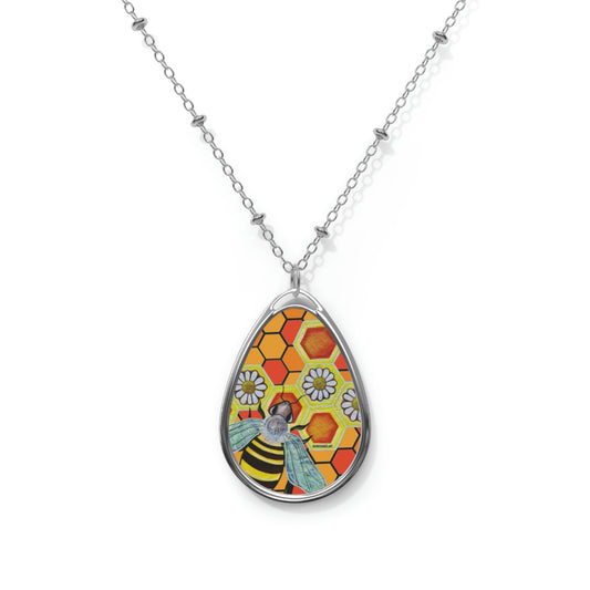 Bees And Daisies Flowers Honeycomb Art Oval Necklace Teardrop Pendant Jewelry