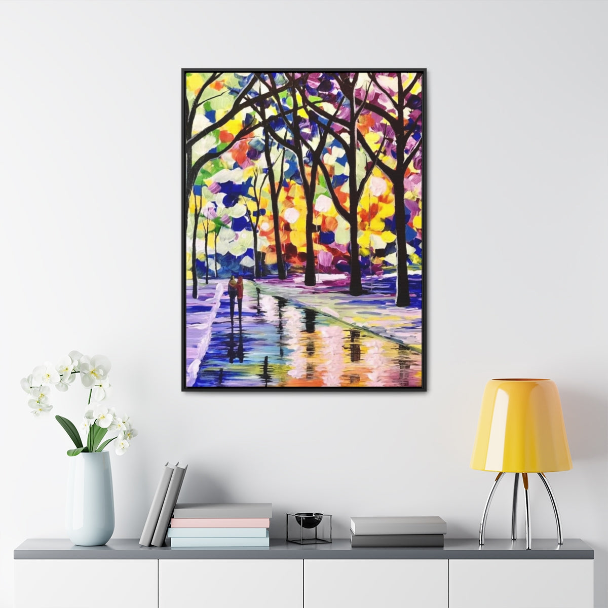 Colorful Night In Central Park Couple Love Vertical Framed Gallery Wrapped Canvas Art Print