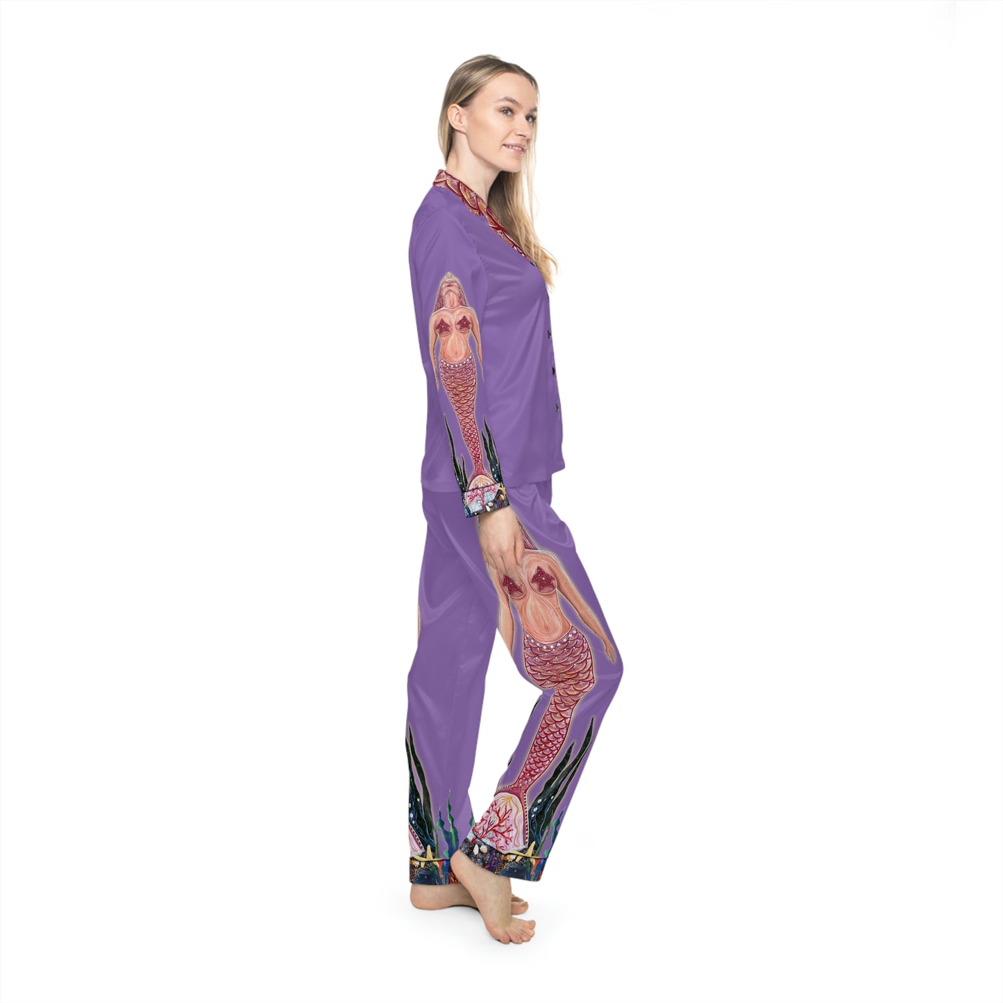 Mermaid Underwater Ocean Unisex Lavender Purple Satin Pajamas AOP